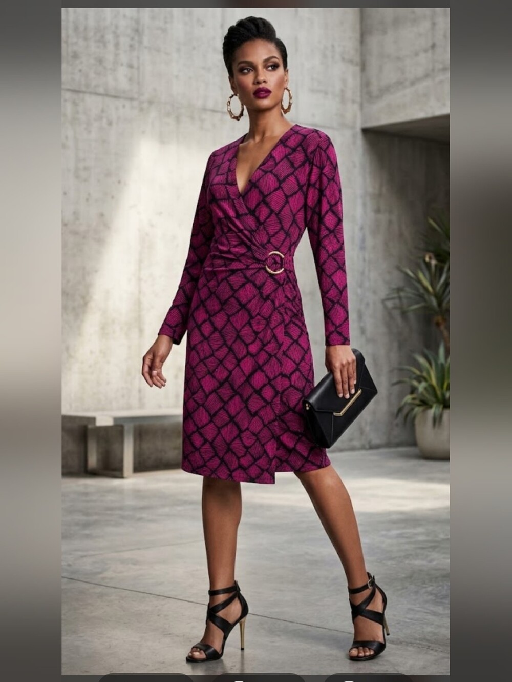 KiANNE KLEIN Magenta Pink & Black Faux Wrap Dress Gold Ring Hardware XL